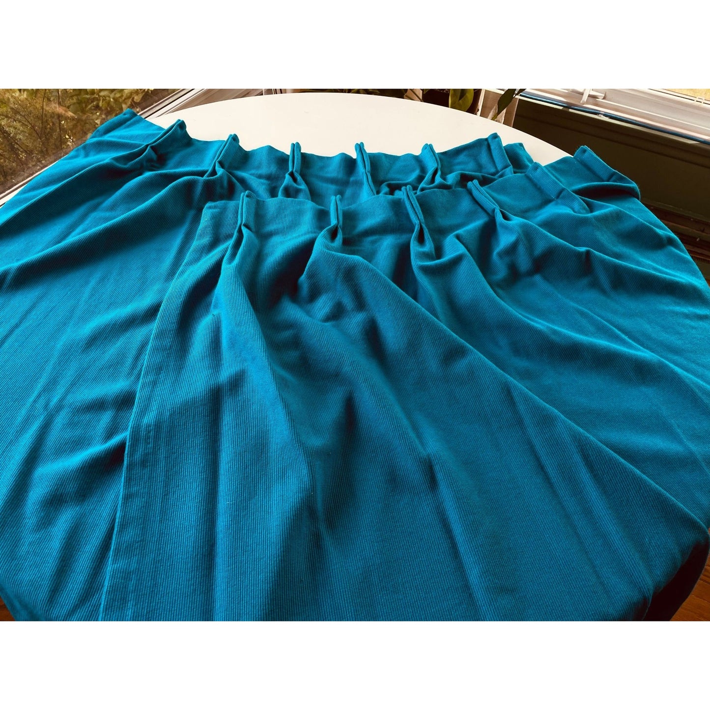 Vintage 70s pleated curtains, pair of blue thick panels, Sears