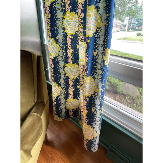 Vintage 80s pleated curtain, blue, green floral panel