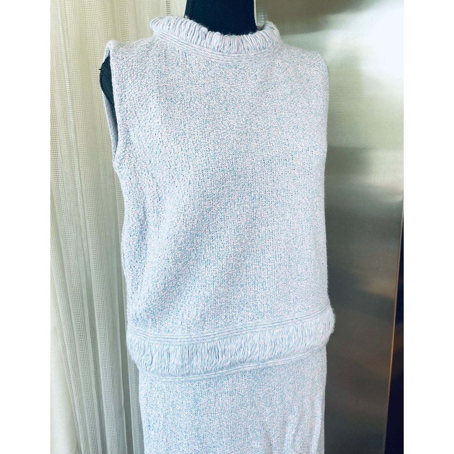 Vintage 60s two pieces set, pink and blue, wool top and straight skirt, Lady Anne