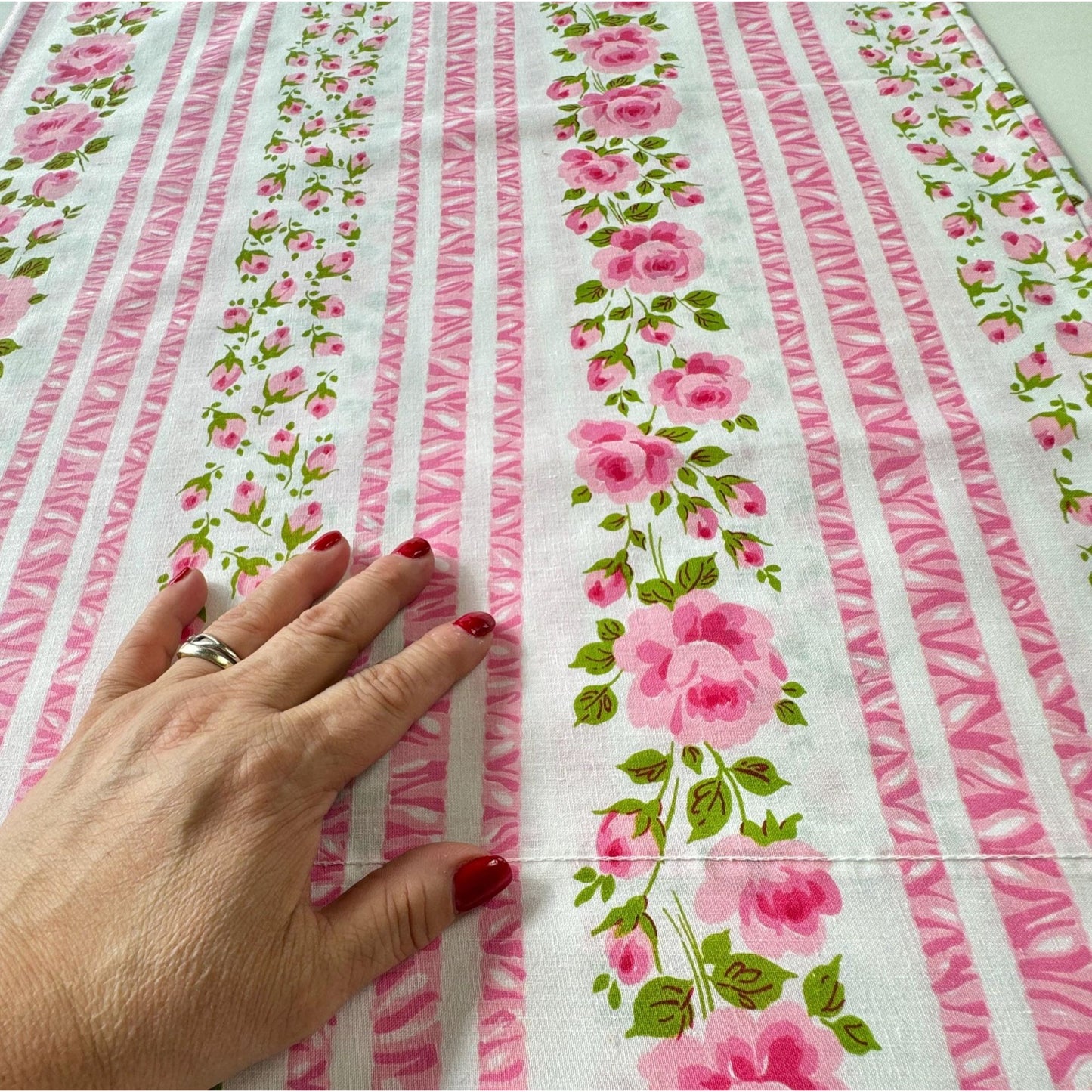 Vintage 70s pillowcase, pink cabbage roses, floral stripes, Wabasso