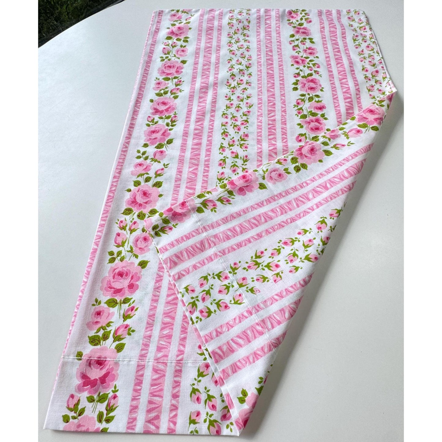Vintage 70s pillowcase, pink cabbage roses, floral stripes, Wabasso
