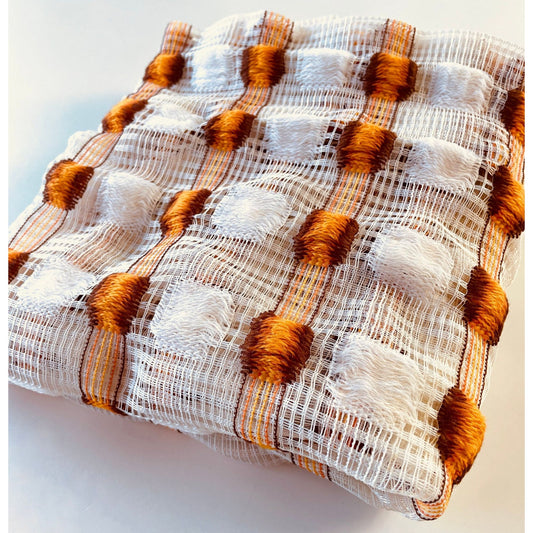 Vintage 70s curtain, white, orange and yellow, woven mesh