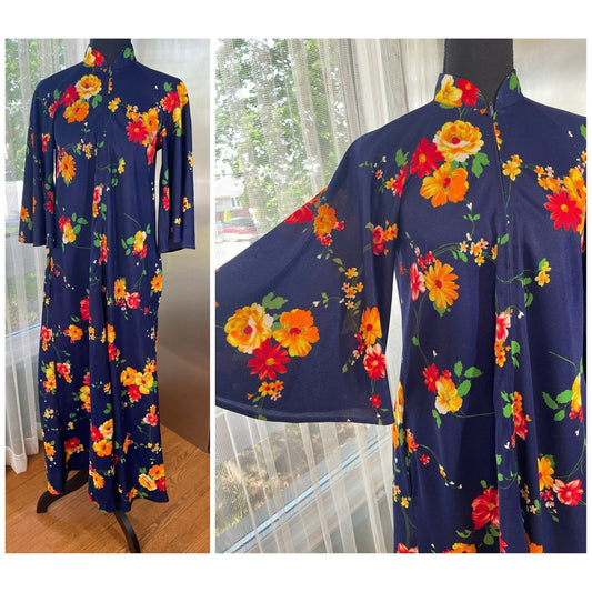 Vintage 70s house dress, blue floral, bell sleeves, Conrad Lingerie
