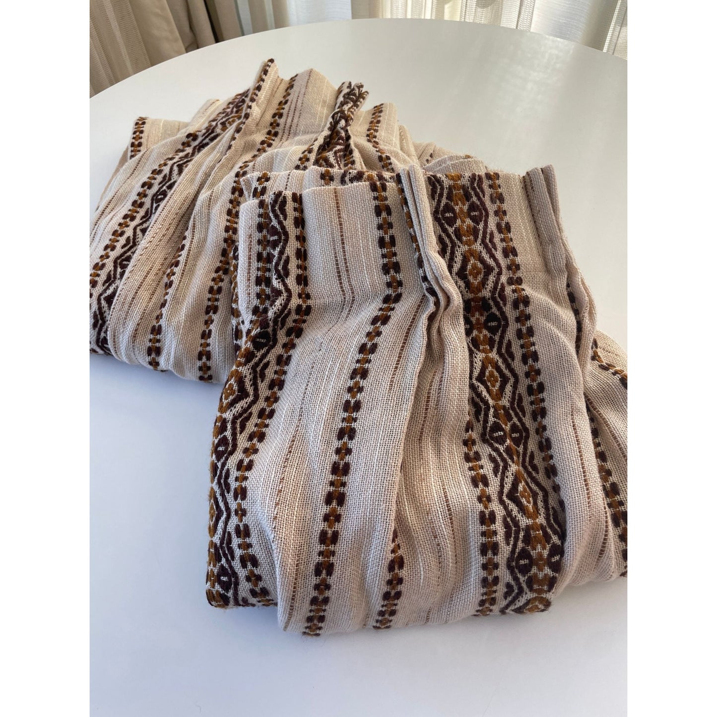 Vintage 70s pleated curtain, beige brown stripes