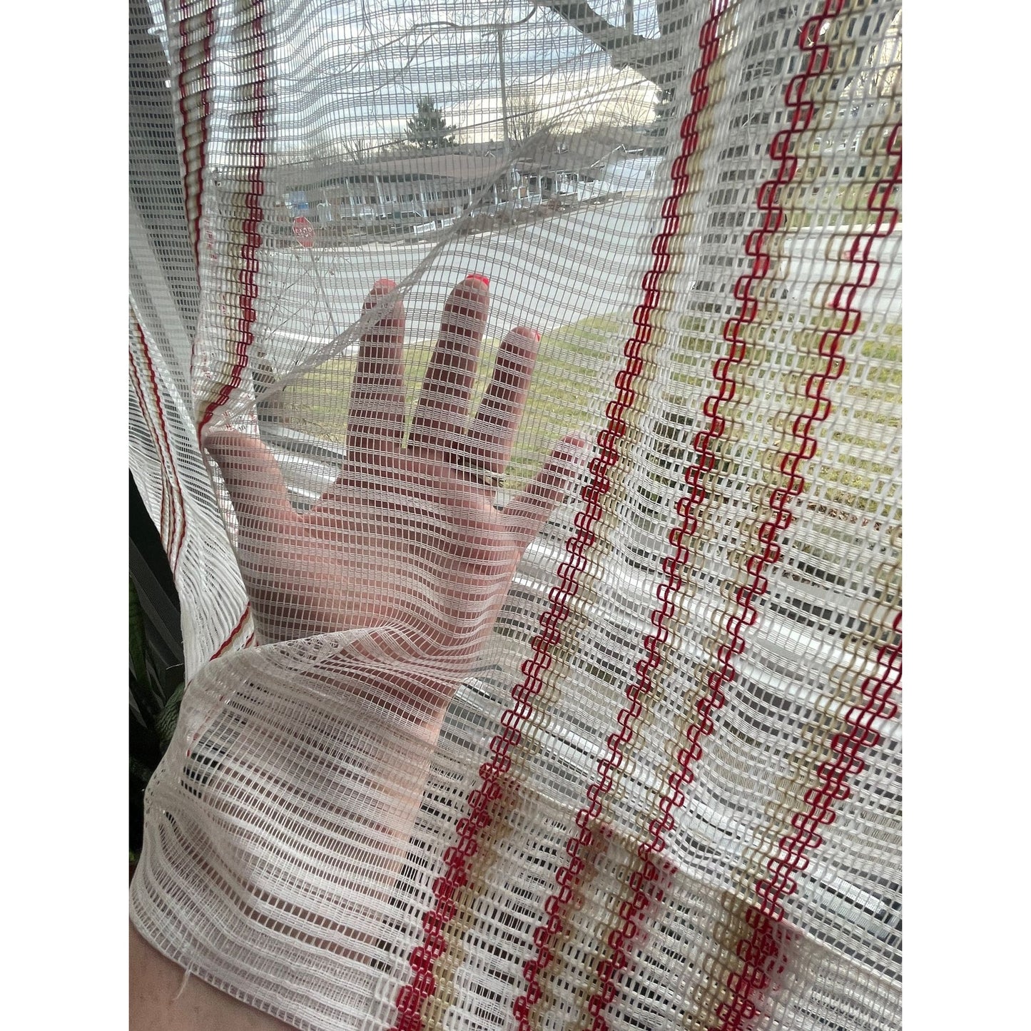 Vintage 70s curtain, red green sheer mesh panel