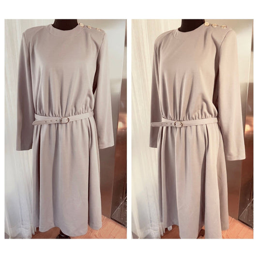Vintage 80s dress, grey/beige, long sleeves