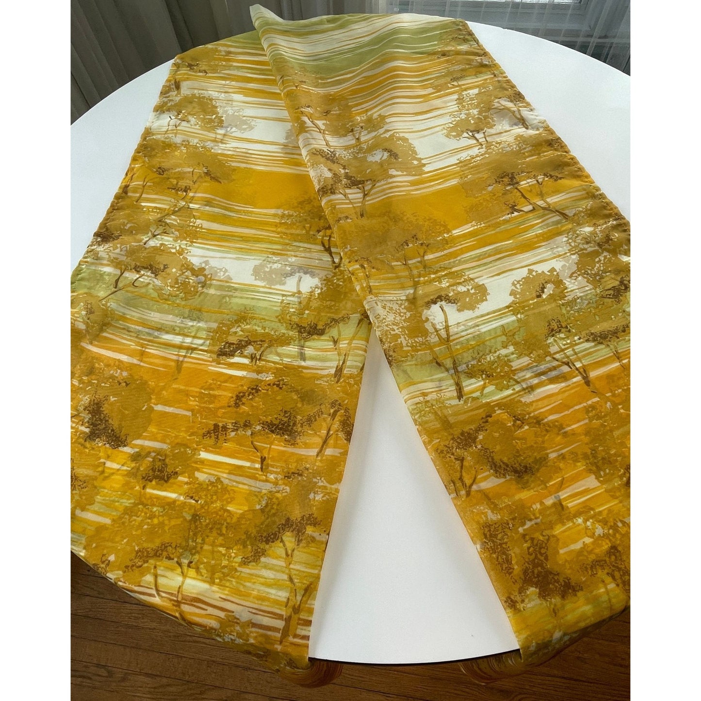 Vintage 70s curtains, green orange forest pattern, pair sheer panels