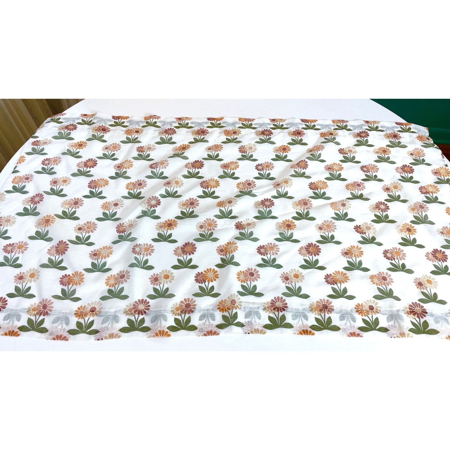 Vintage 70s curtain, brown orange floral, sheer panel