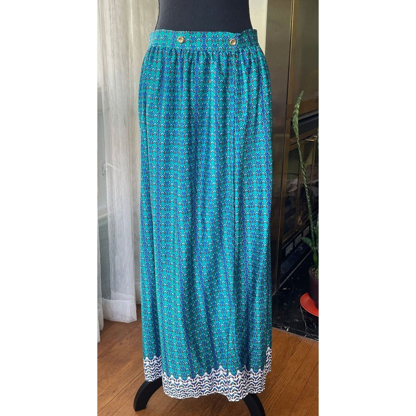Vintage 80s wrap skirt, teal and blue, ankle length, Oleg Cassini