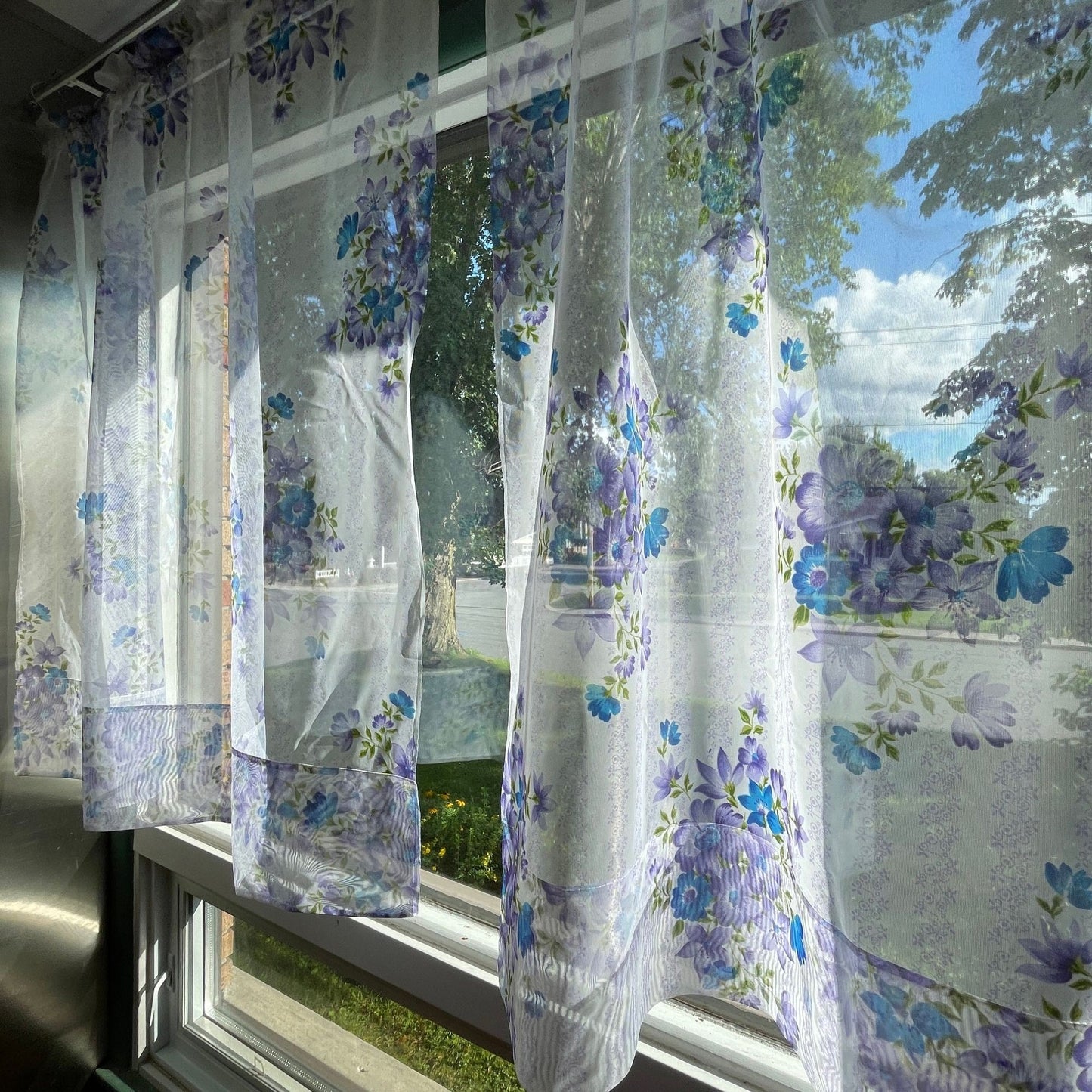 Vintage 60s sheer blue purple floral curtain