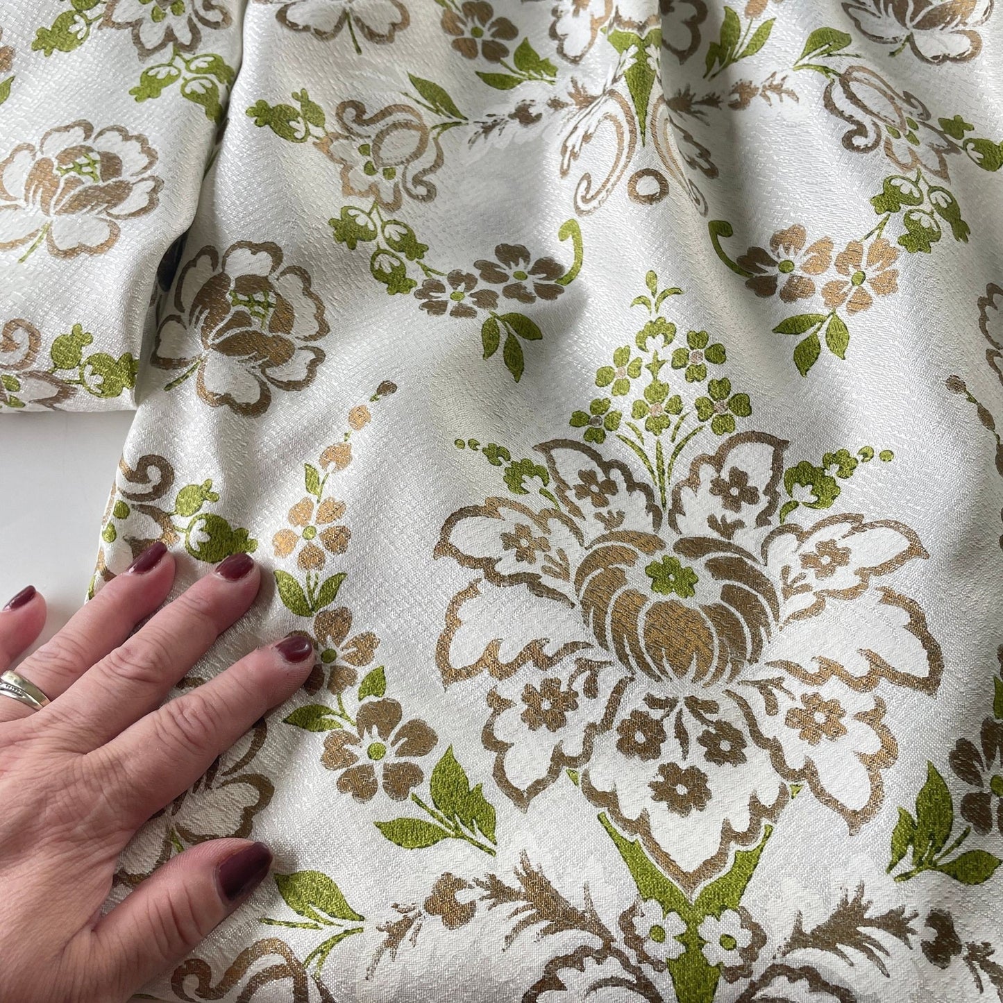 Vintage 60s pleated curtains, green and gold fiberglass panels