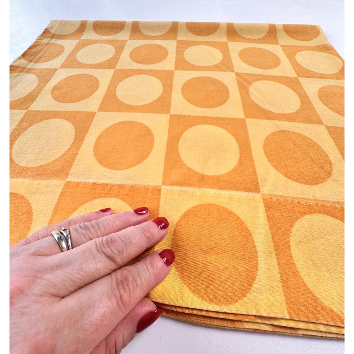 Vintage 70s pillowcase, orange yellow geometric circles, TruPrest Dominion Textile