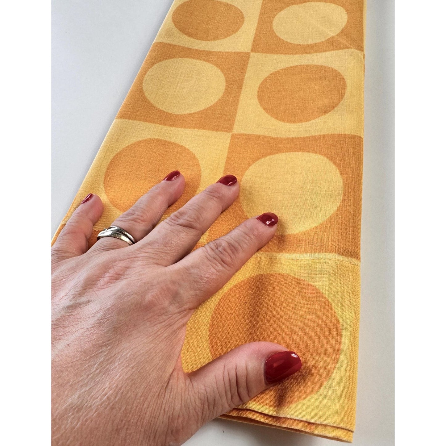 Vintage 70s pillowcase, orange yellow geometric circles, TruPrest Dominion Textile