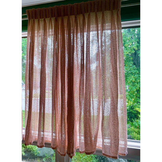Vintage 80s pleated curtains, blush pink mesh, crisscross double panels