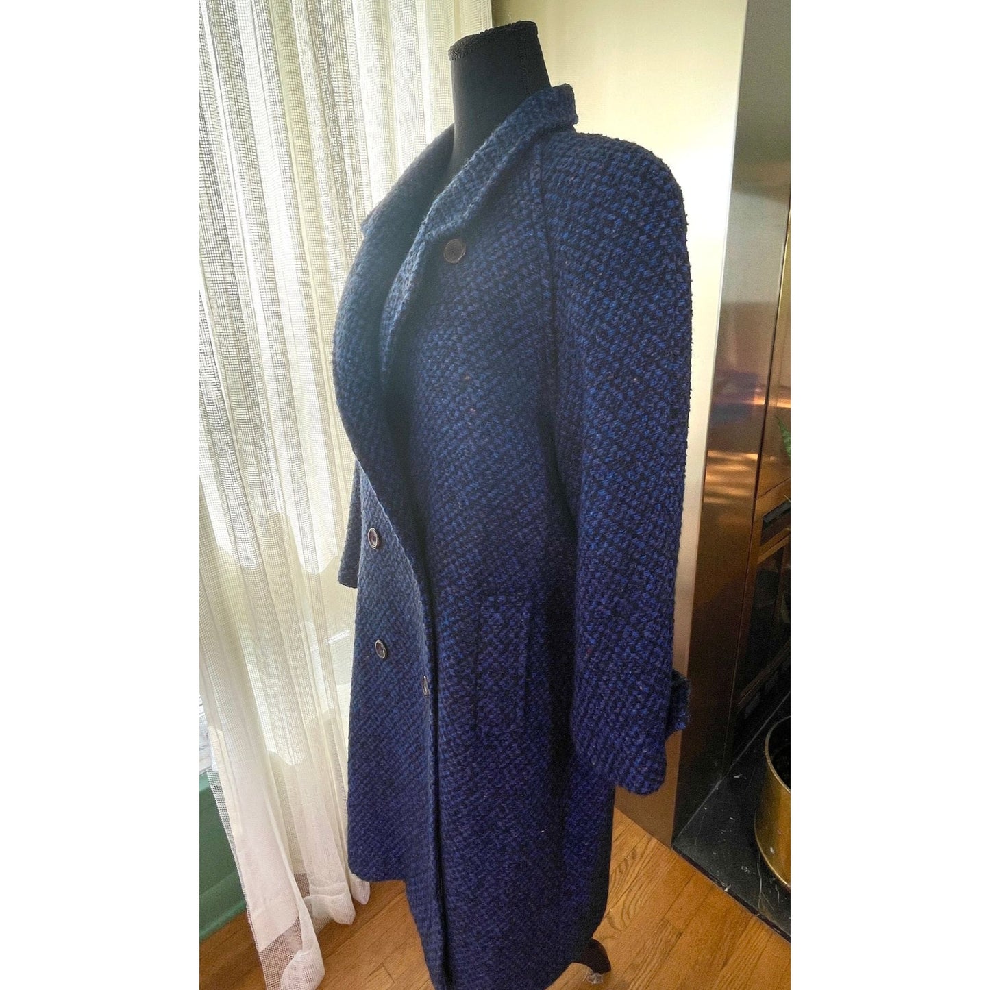 Vintage 80s tweed wool coat, navy and black oversized shoulders, HannaH Collection Coats