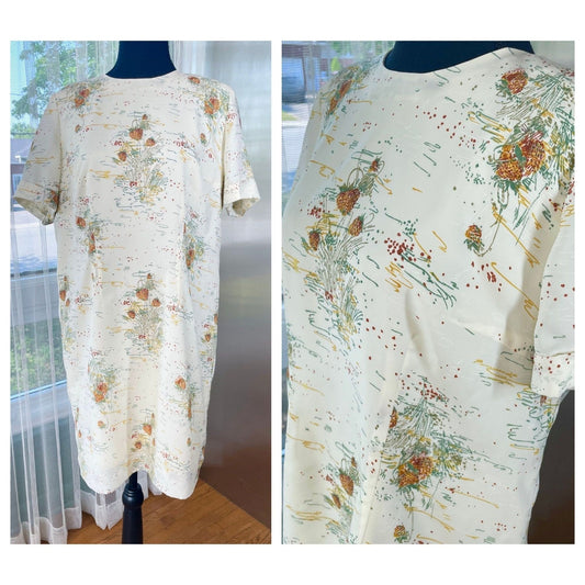 Vintage 80s dress, creamy yellow, pine cones floral, large shoulders short sleeves