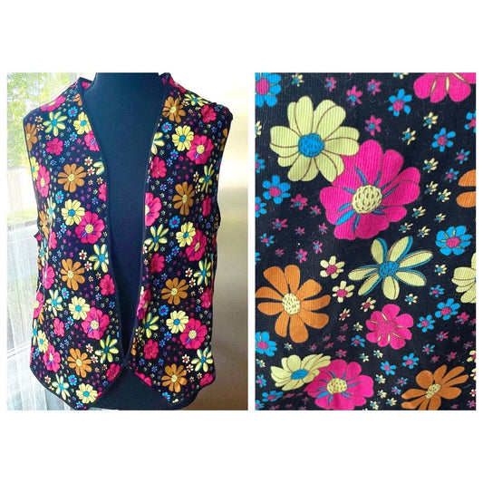 Vintage hippie vest, flower power, pinwale corduroy