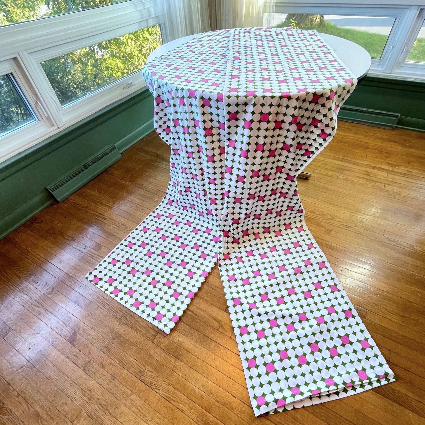 Vintage 70s curtain panels, hot pink and green geometric pattern