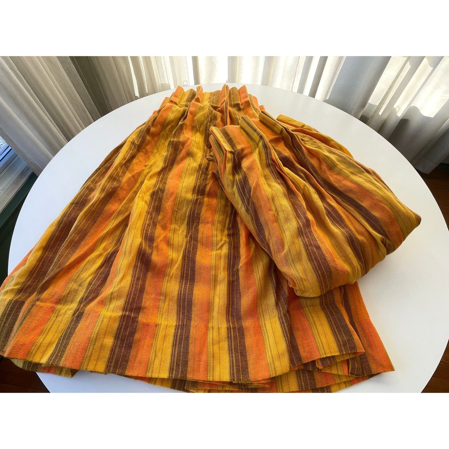 Vintage 70s pleated curtain, orange yellow stripes