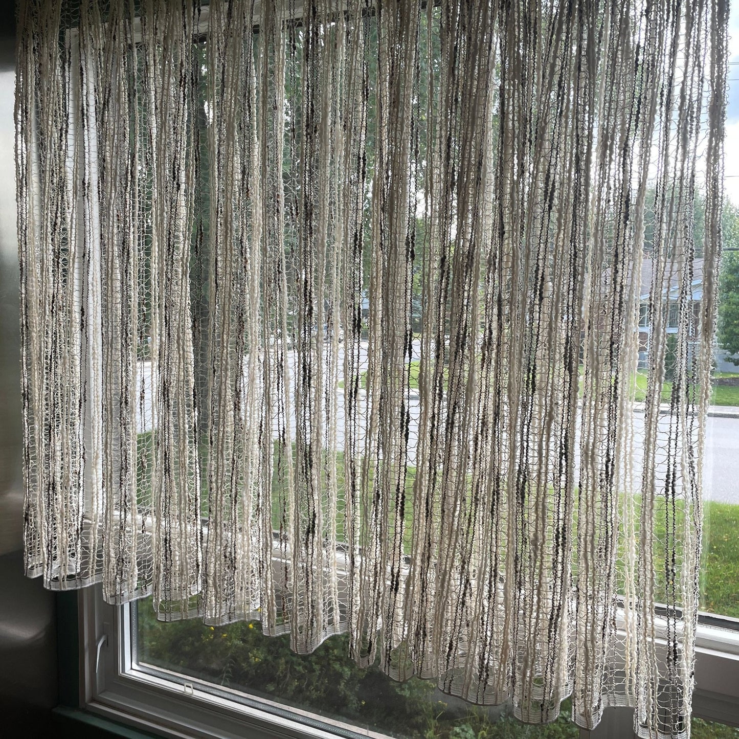 Vintage 70s net woven pleated beige and brown curtains