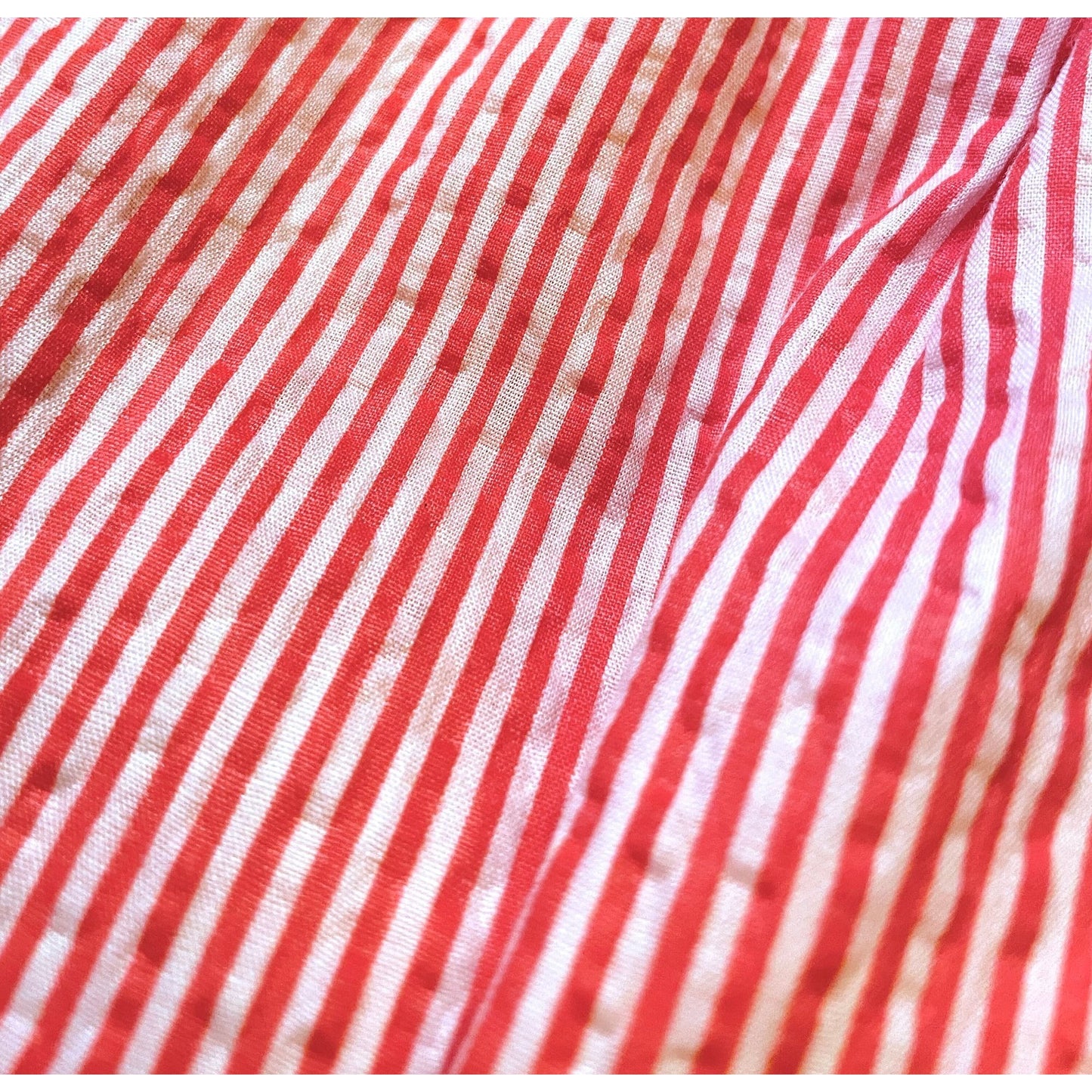 Vintage 70s dress, red stripes, elastic waist, ruffled collar and cuffs