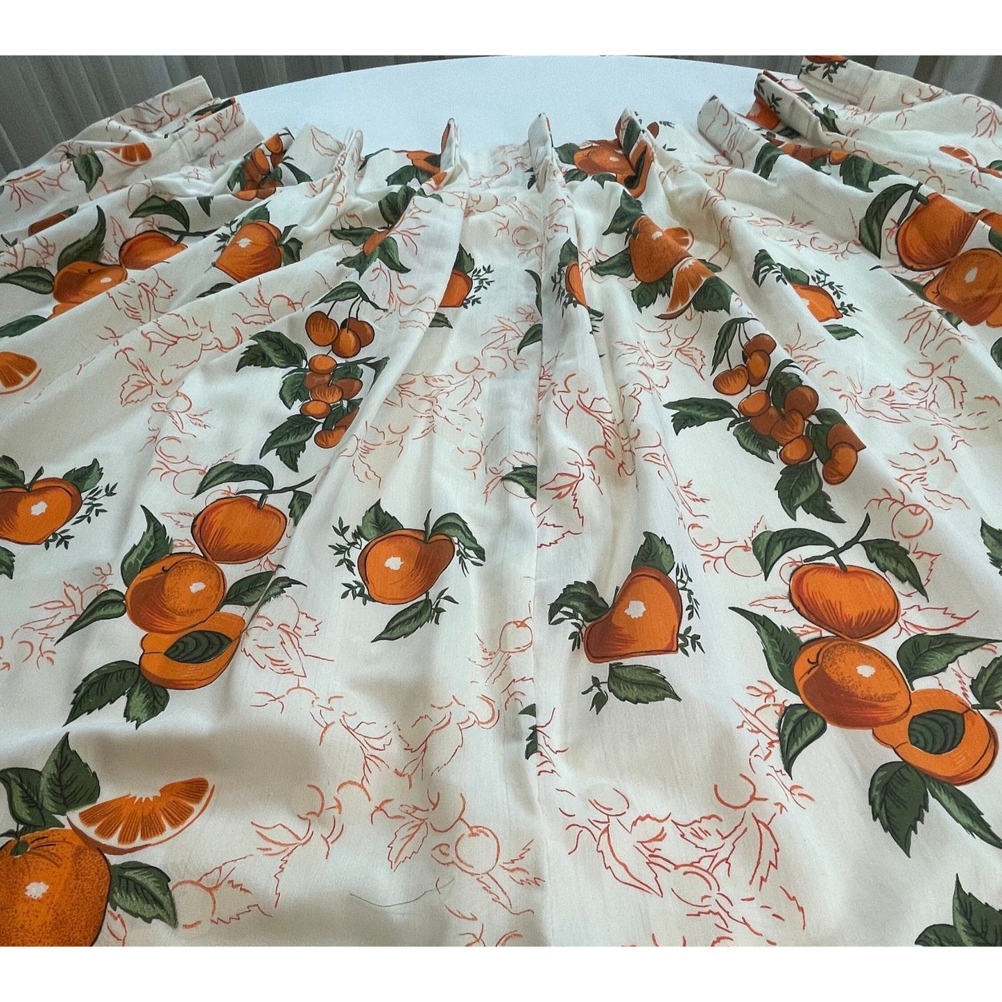 Vintage 50s pleated curtain, orange fruits novelty print