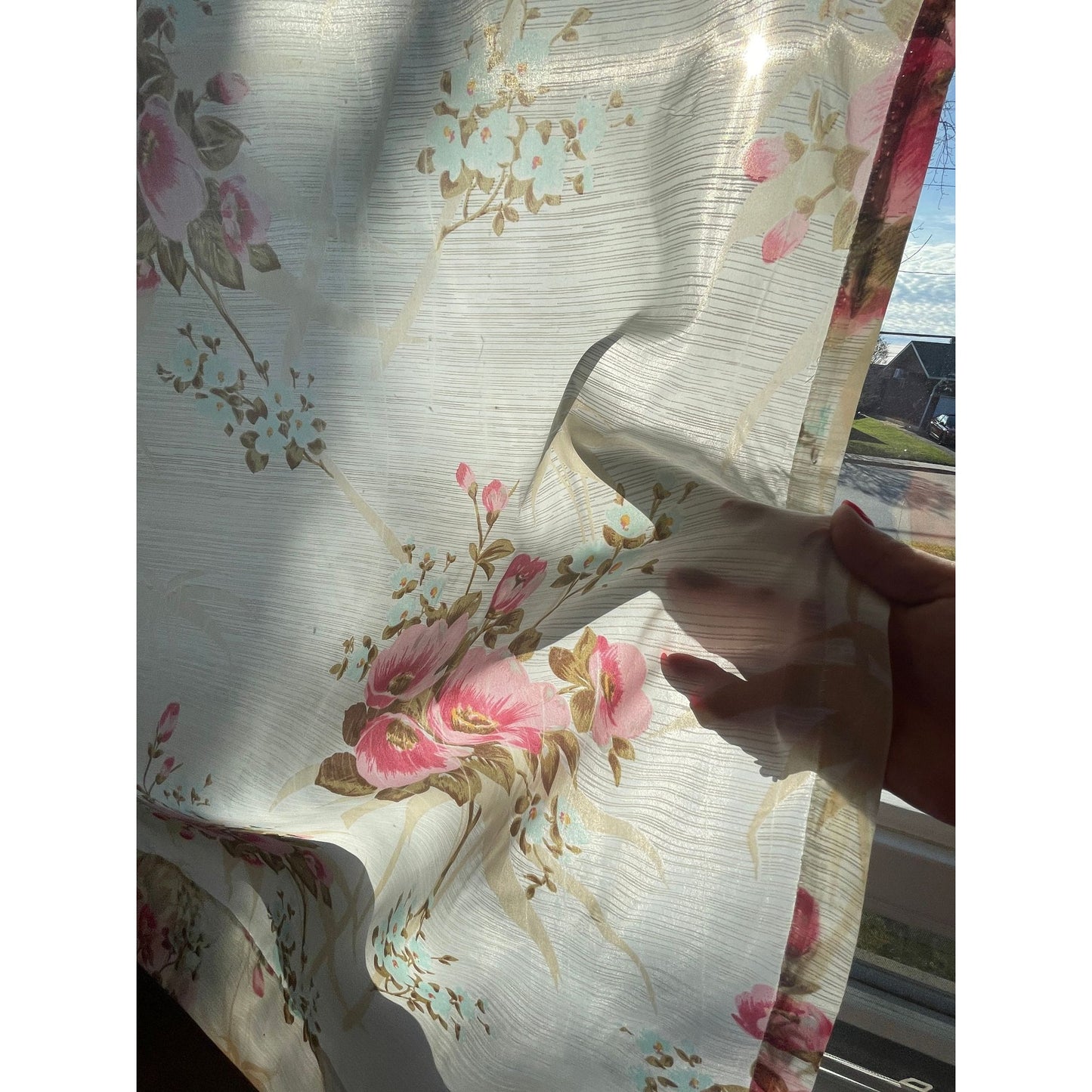 Vintage 60s sheer floral pink curtain