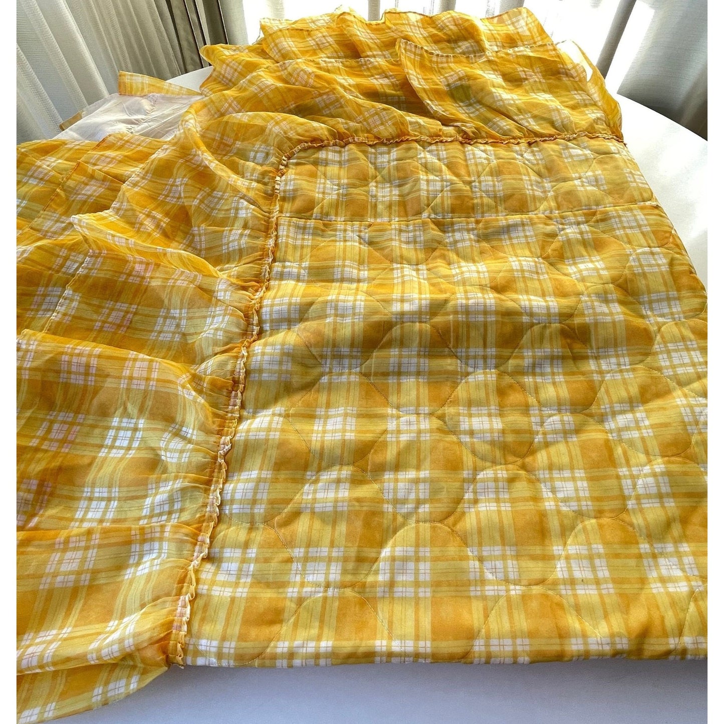 Vintage 70s quilted bedspread, yellow plaid ruffled satin, twin size