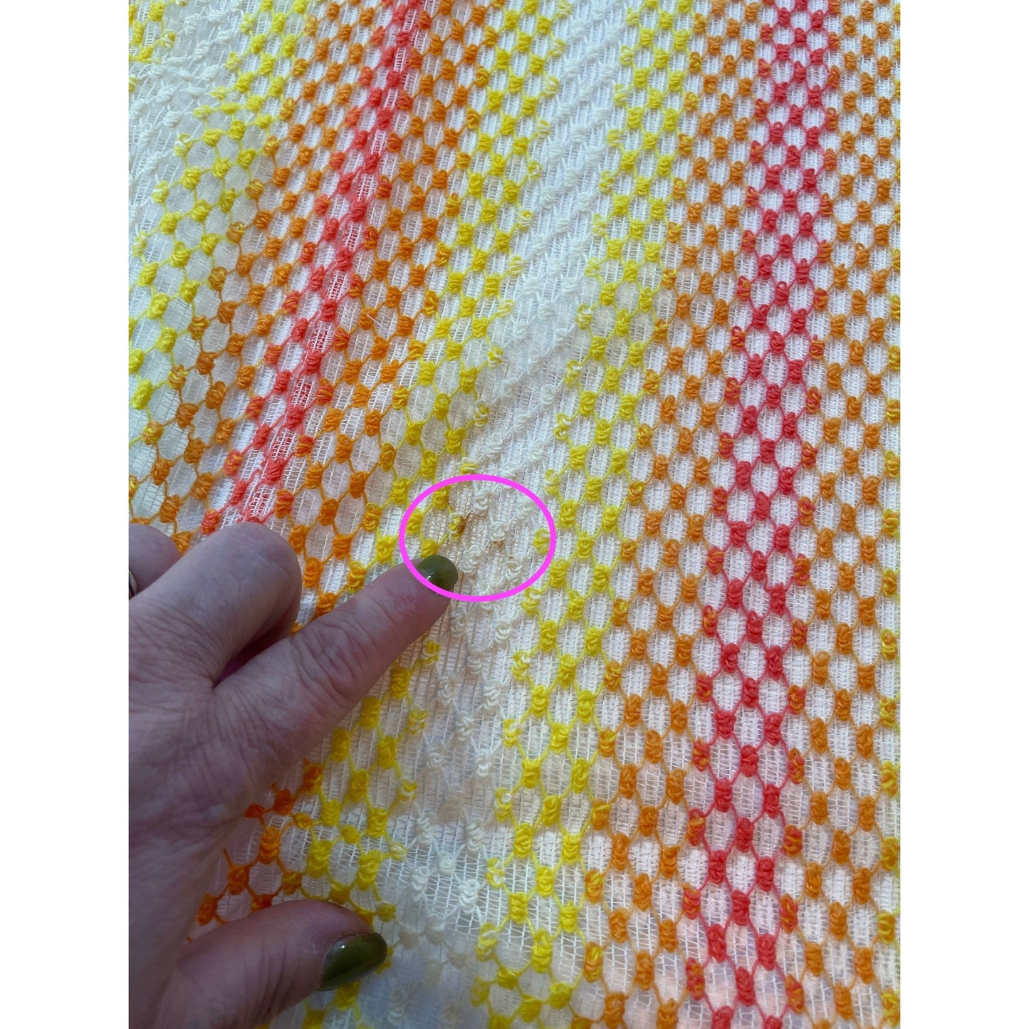 Vintage 70s curtain, orange yellow ombre pattern, mesh panel