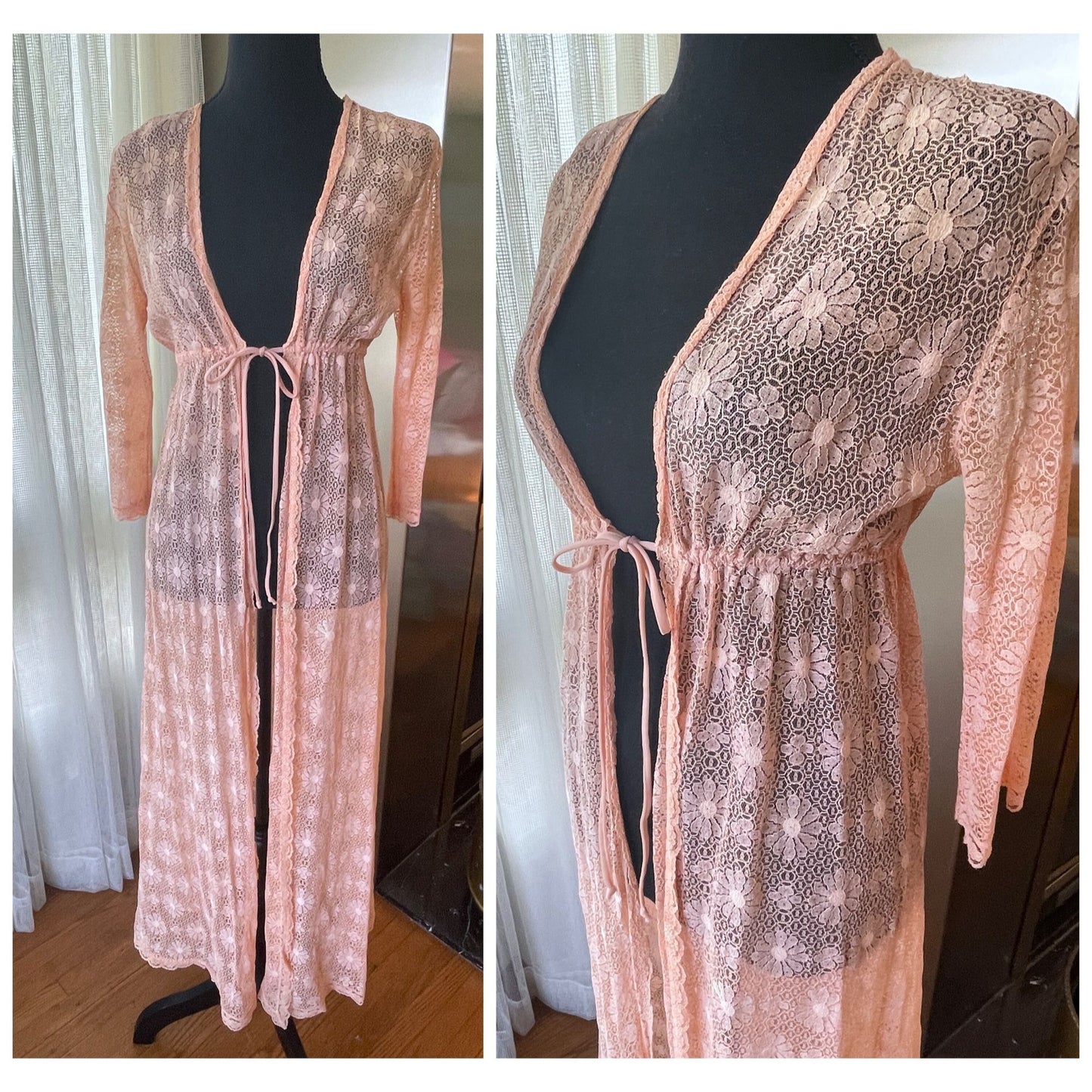 Vintage 1970s peignoir, peach daisies robe