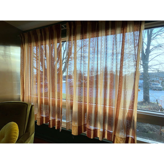 Vintage 70s net woven pleated curtains, brown stripes
