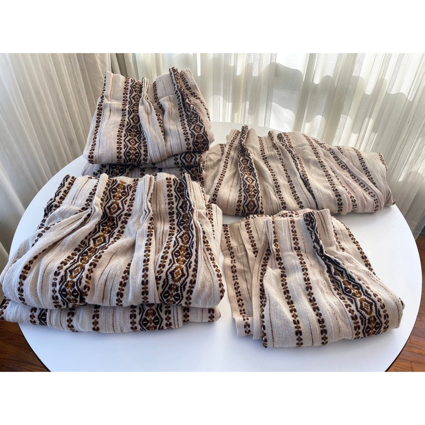 Vintage 70s pleated curtain, beige brown stripes