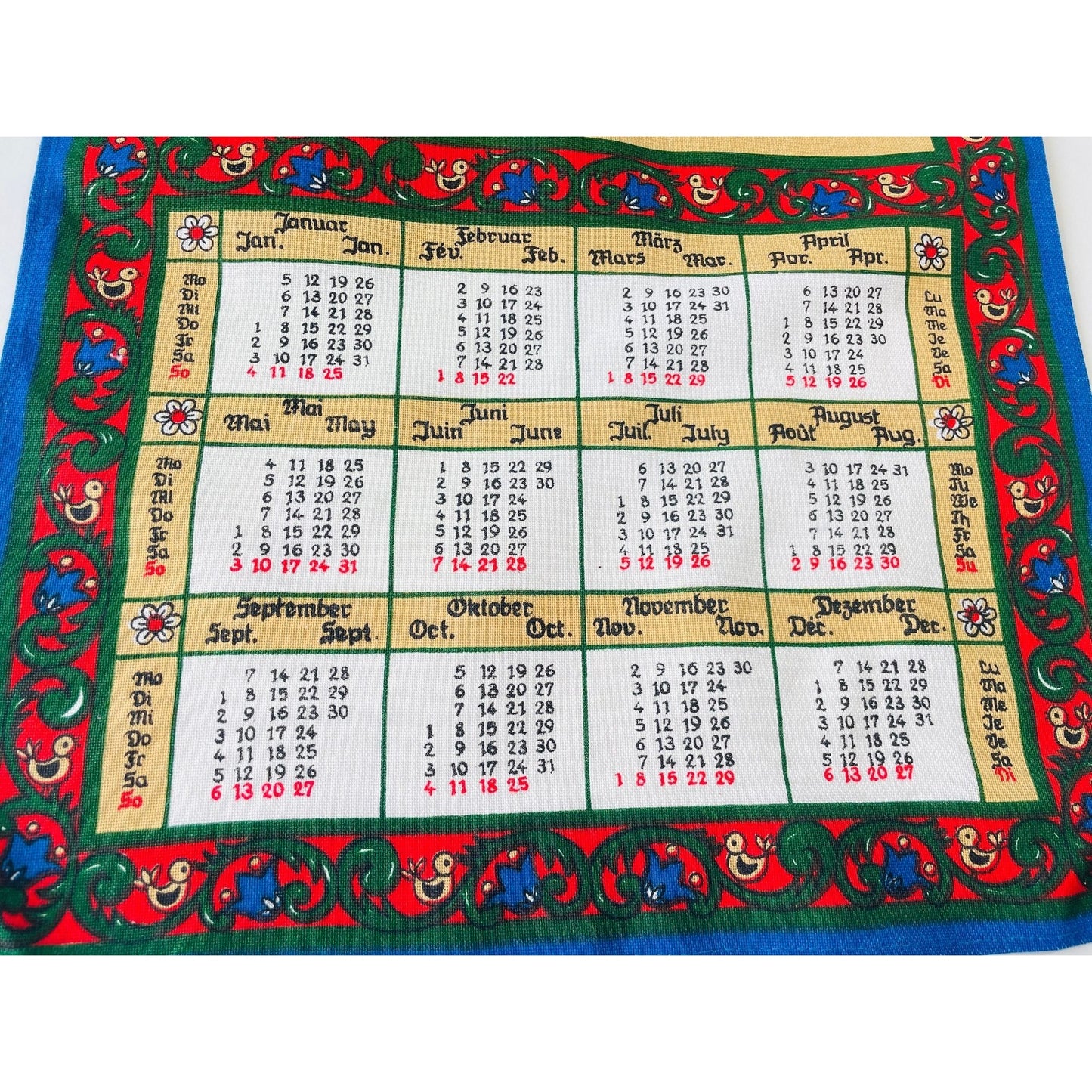Vintage 1987 calendar tea towel, English, German and Italian