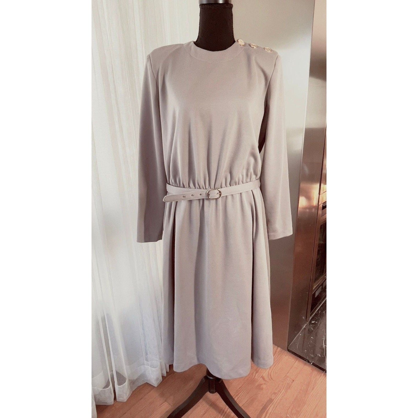 Vintage 80s dress, grey/beige, long sleeves