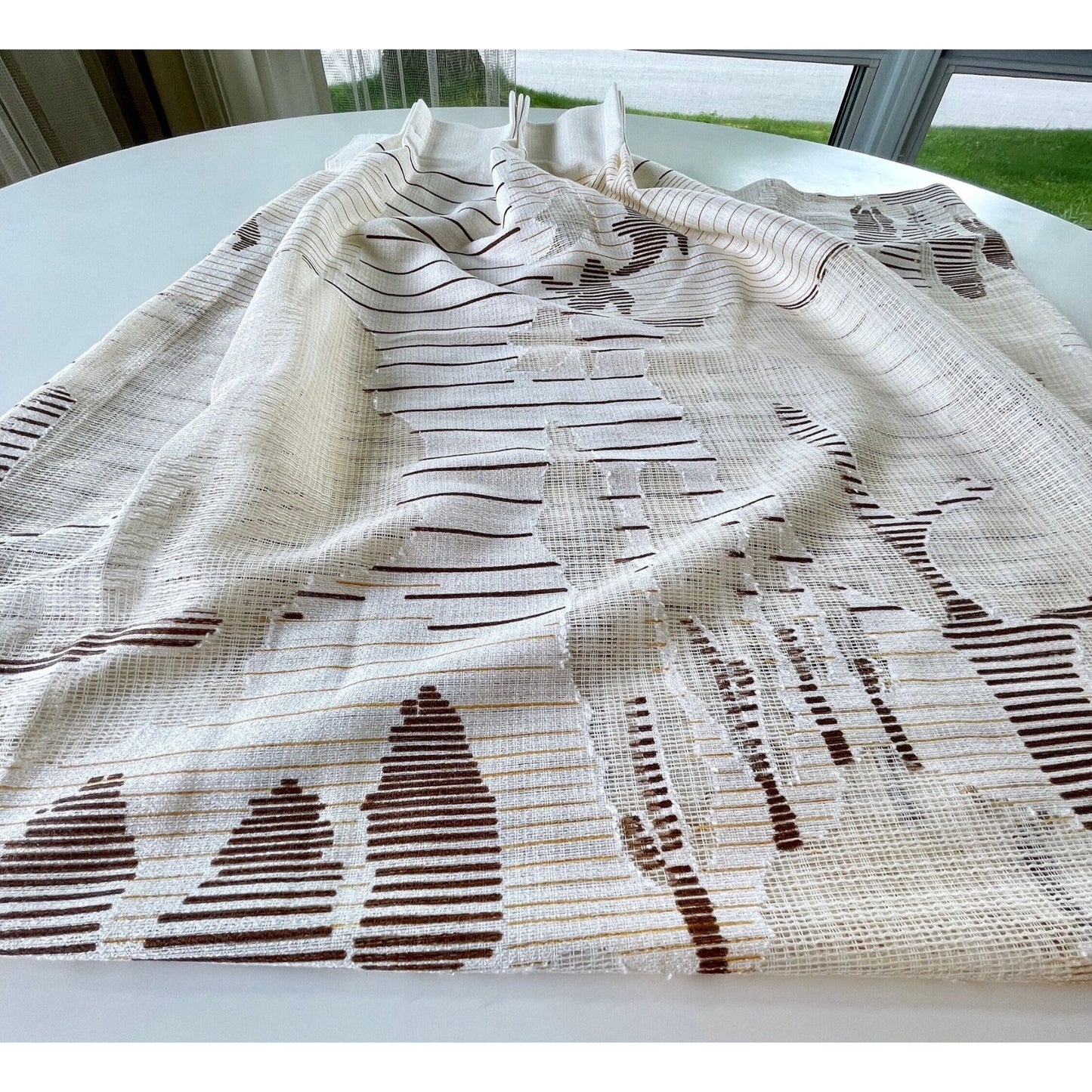 Vintage 80s pleated curtain, beige and brown artistic scenery, single panel