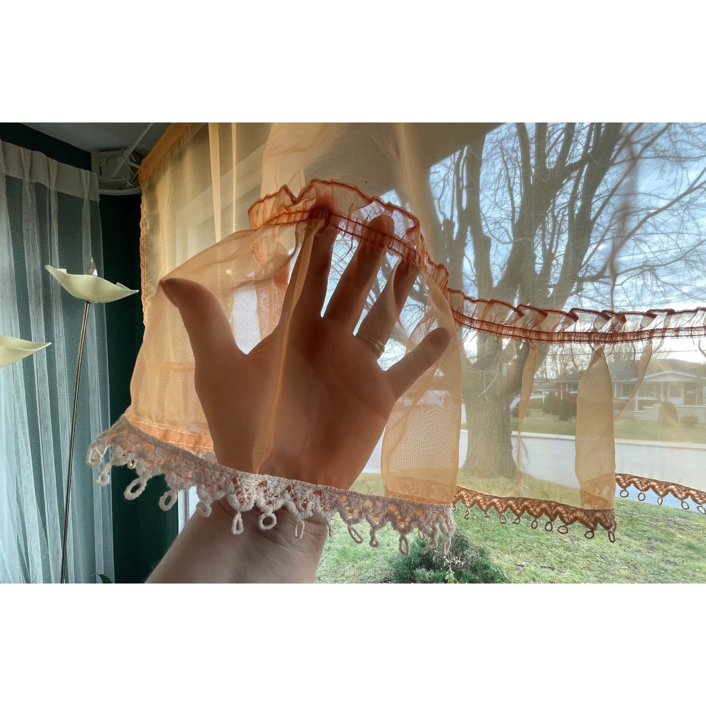 Vintage 70s curtains, pair of orange sheer ruffled panels