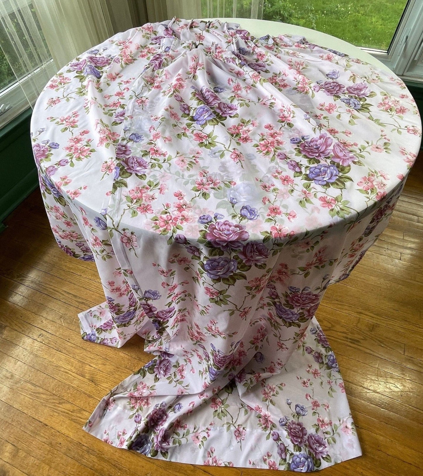 Vintage 60s pleated curtains, purple floral