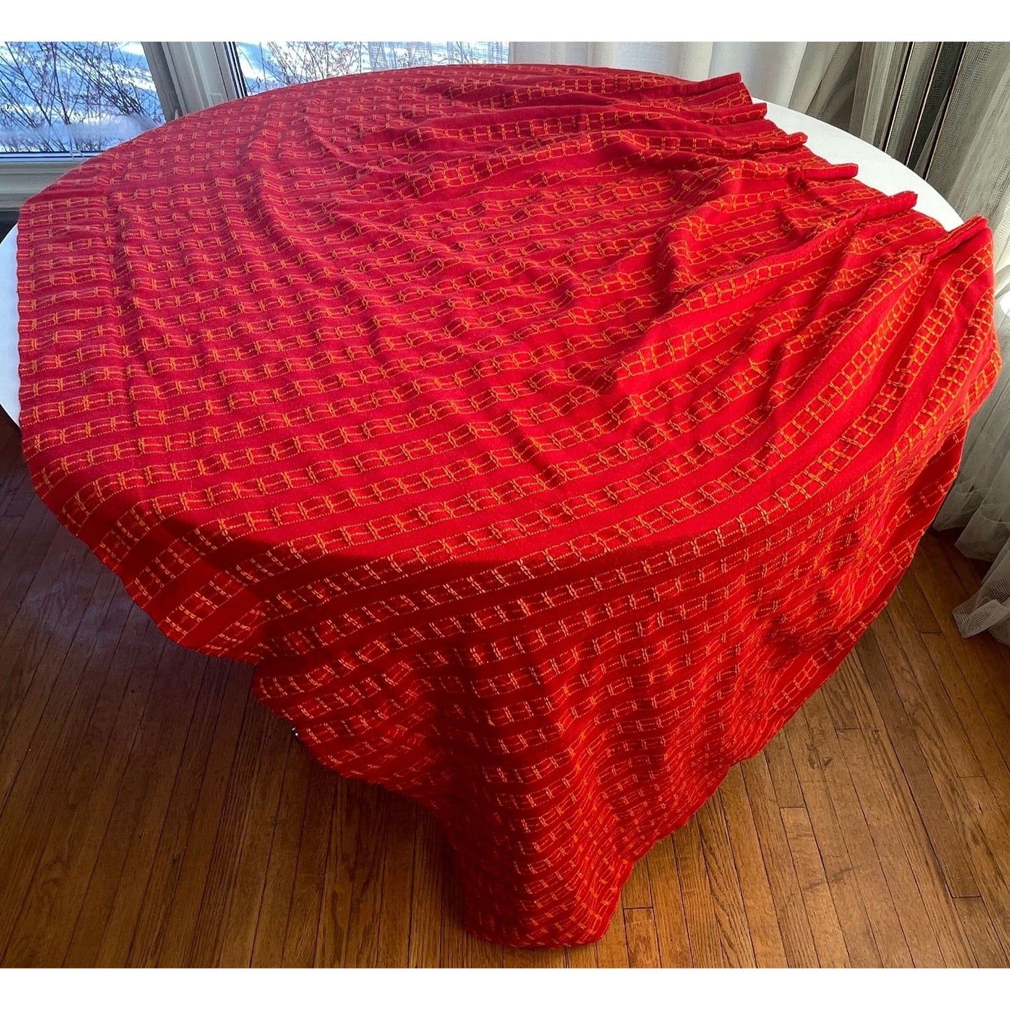 Vintage 70s pleated curtains, pair of red woven panels