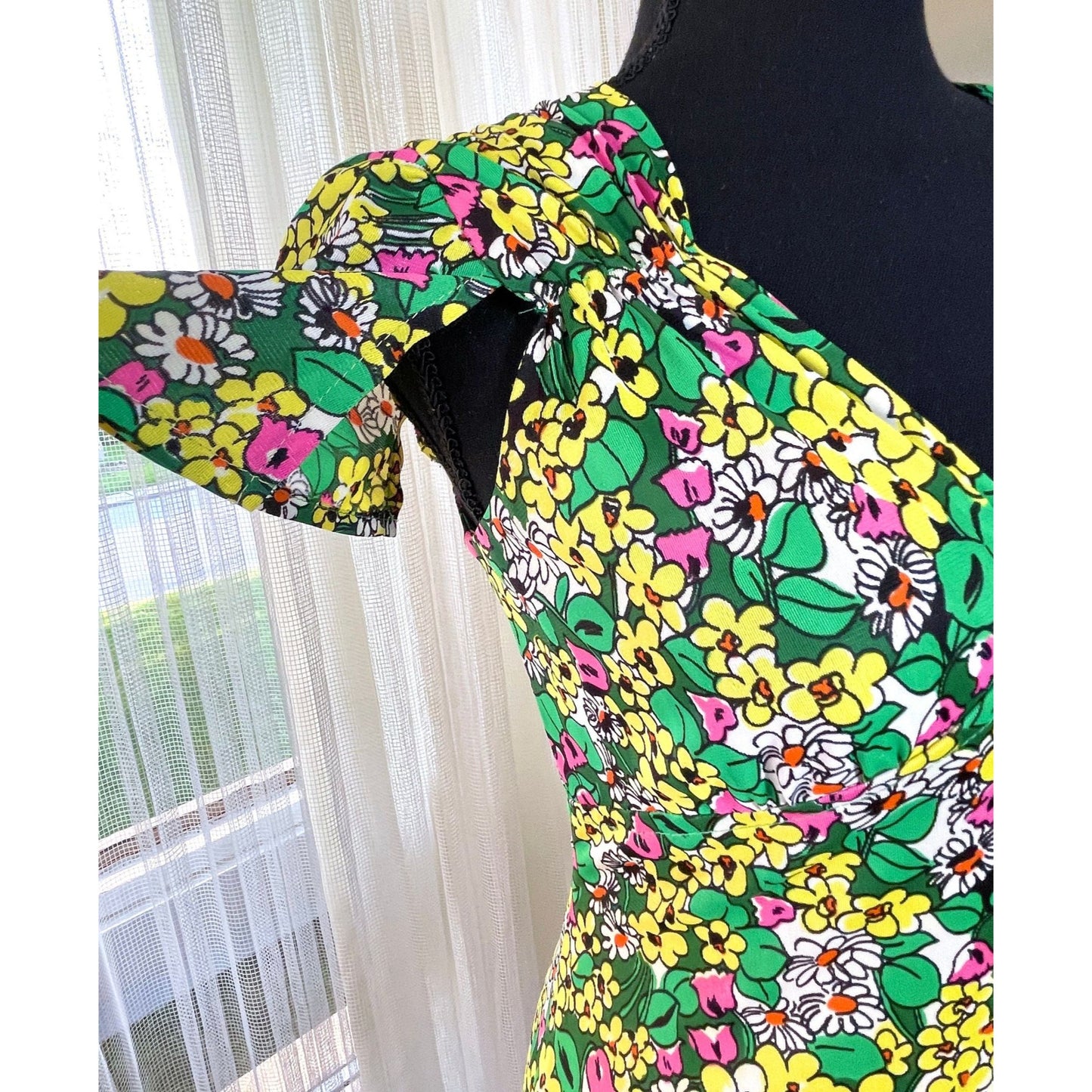 Vintage 1960s maxi dress, green, yellow and pink floral