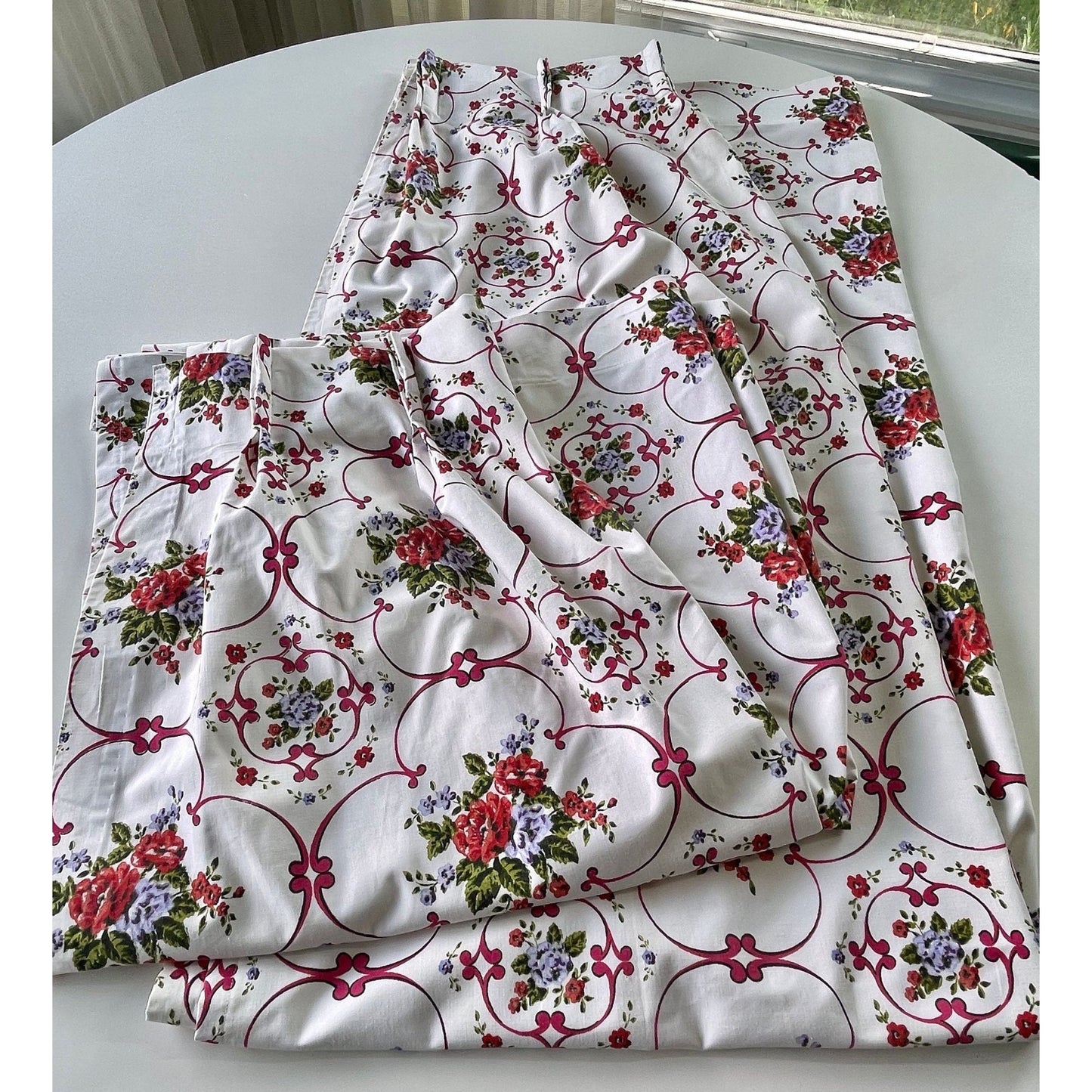 Vintage 60s pleated curtains, white pink floral, black out