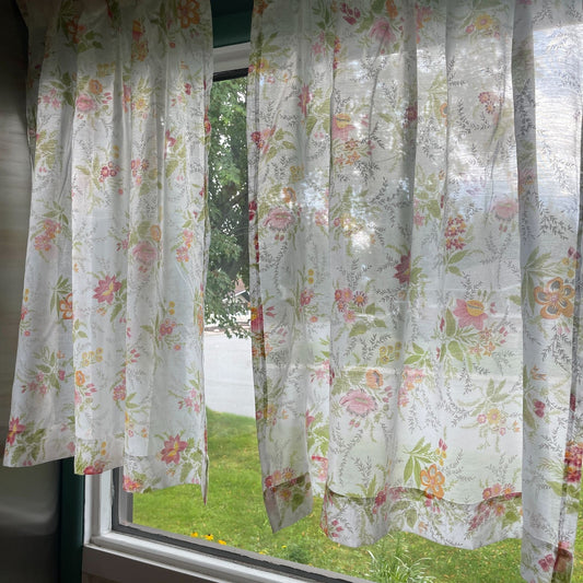 Vintage 70s pleated curtains, orange pink yellow flowers