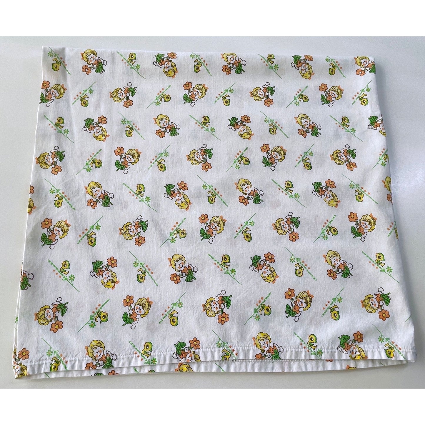 Vintage 60s children pillowcase, daisies and ducks, orange, green and yellow