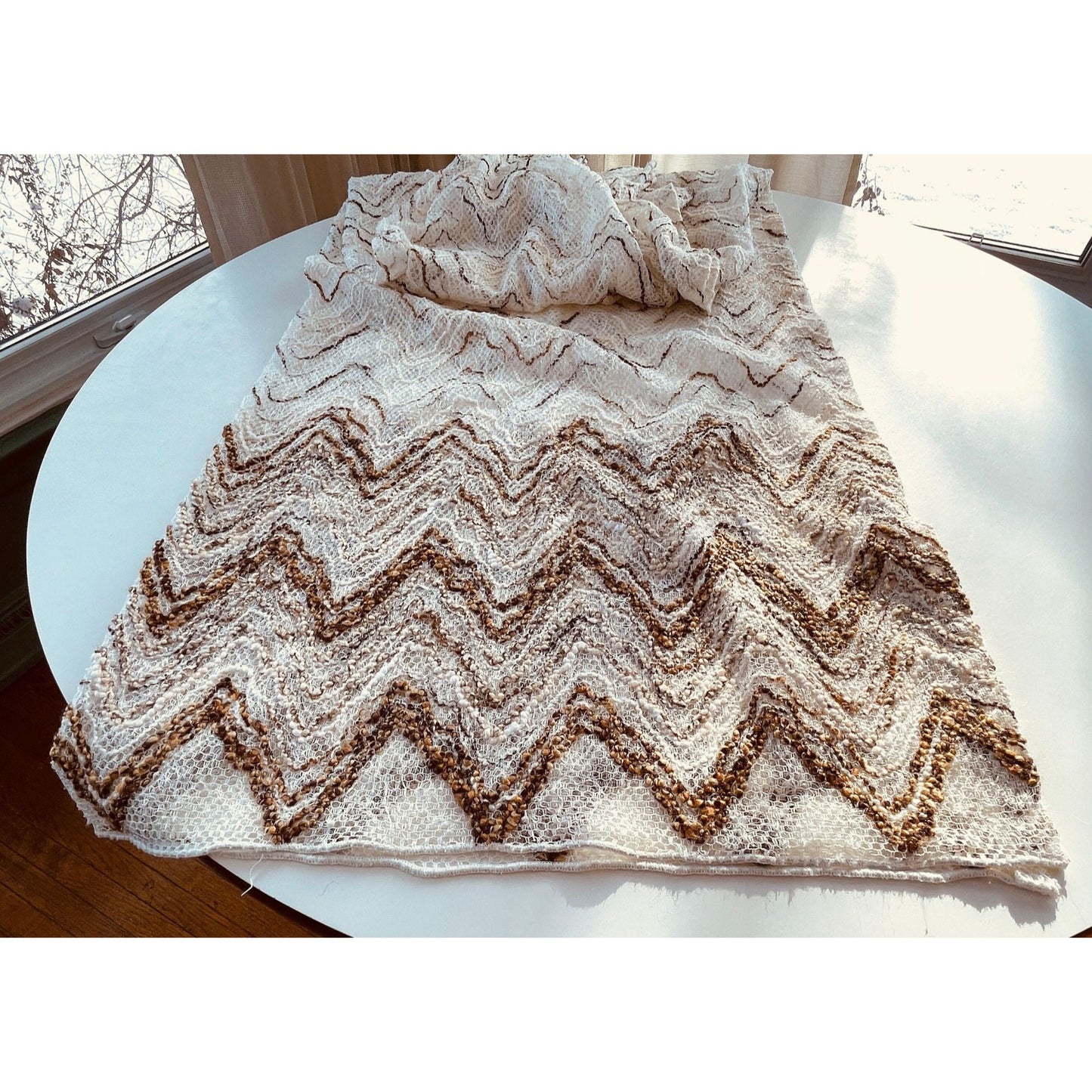 Vintage 70s net woven curtain, tan brown geometric stripes