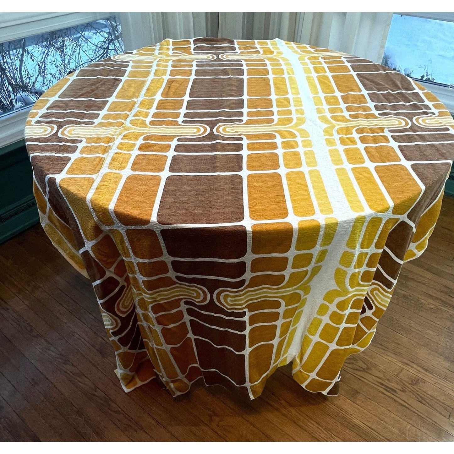 Vintage 60s orange brown geometric curtain, fiberglass panel