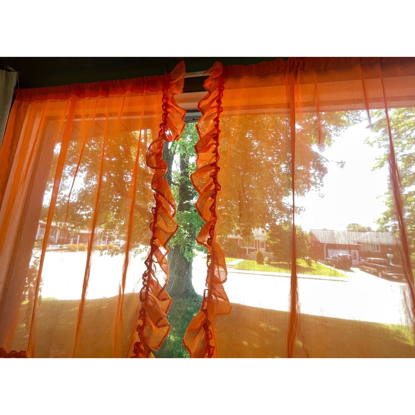 Vintage 70s curtains, orange sheer ruffled panels