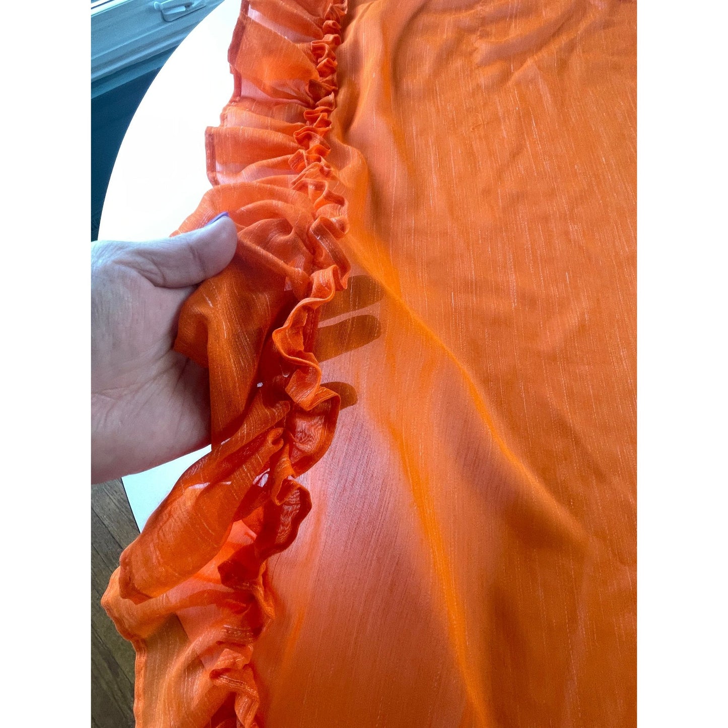 Vintage 70s curtains, orange sheer ruffled panels
