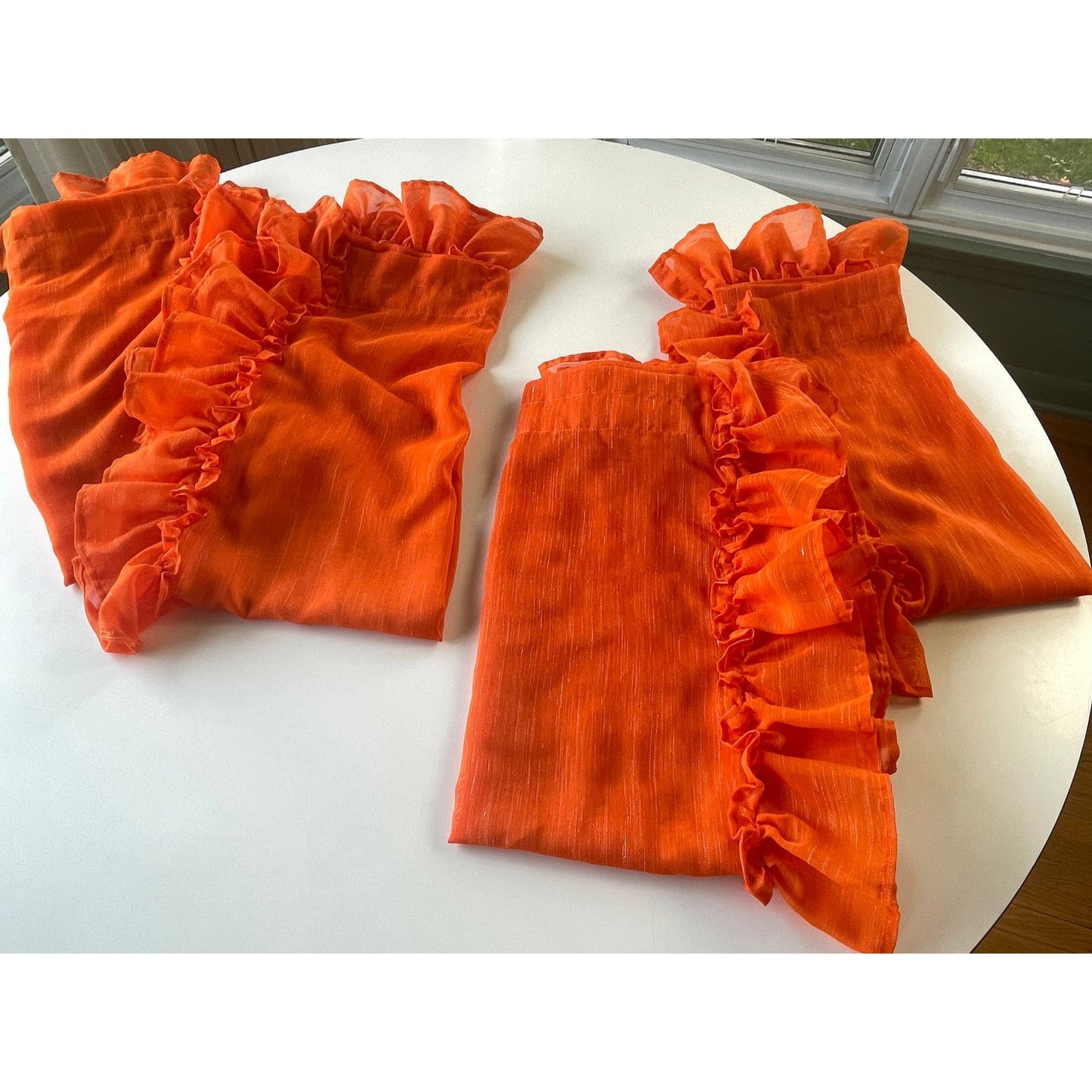 Vintage 70s curtains, orange sheer ruffled panels
