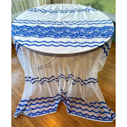 Vintage 70s pleated curtain, indigo blue floral & dots embroidered pattern
