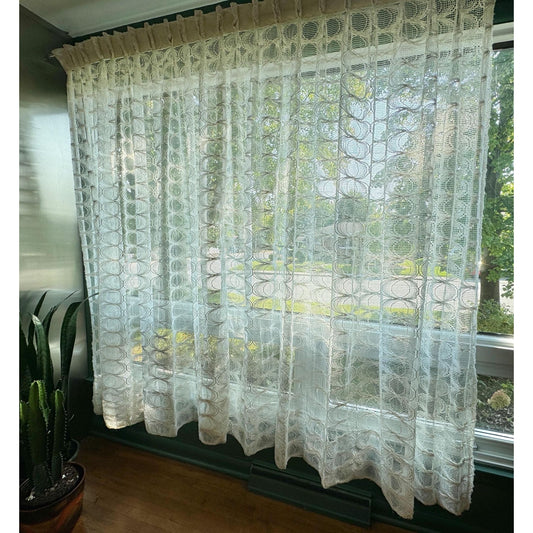 Vintage 70s pleated curtain, cream abstract circle pattern, mesh panel
