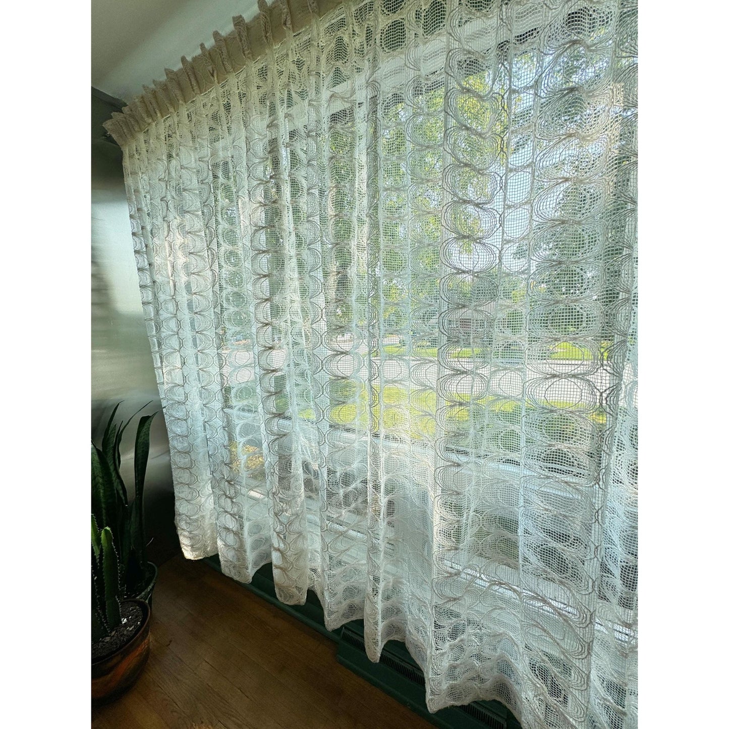 Vintage 70s pleated curtain, cream abstract circle pattern, mesh panel